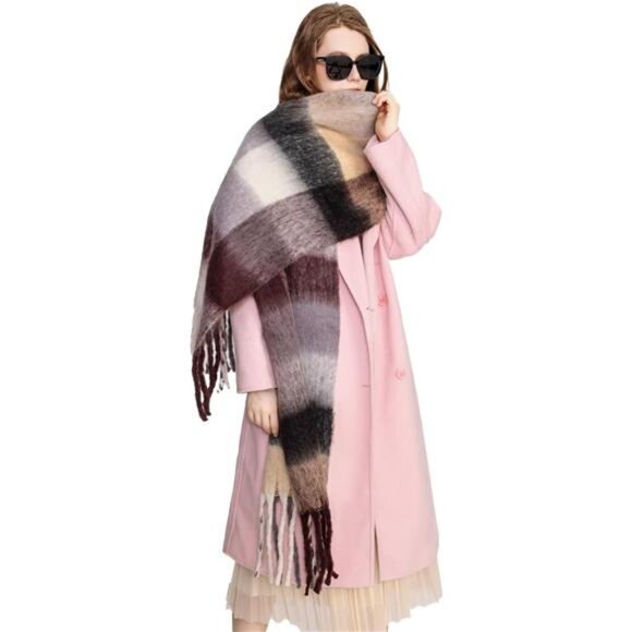 Yatemiole Women's Cashmere Big Coloured Checked Scarf Winter Warm Wrap Scarf - Picture 5 of 7